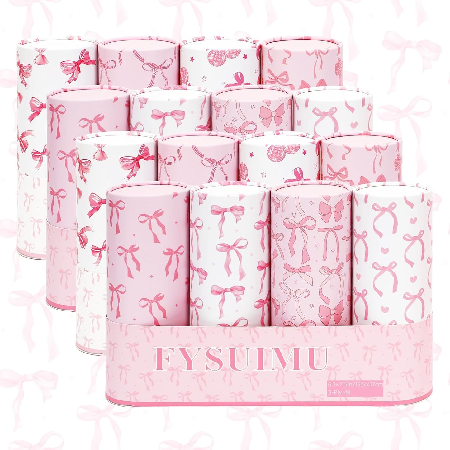 FYSUIMU 16Pcs Pink Bow Car Tissue Holder with Facial Tissue Pink White Bow Round Tissue Tubes for Travel Car Cup Holder Home