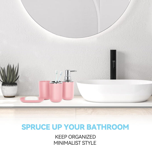 Pink Bathroom Accessories Set 4 PCS, Pink Bathroom Accessories, Plastic Soap Dispenser and Toothbrush Holder Set, Soap Dish and Mouthwash Cup, Boho Bathroom Decor, Bathroom Set