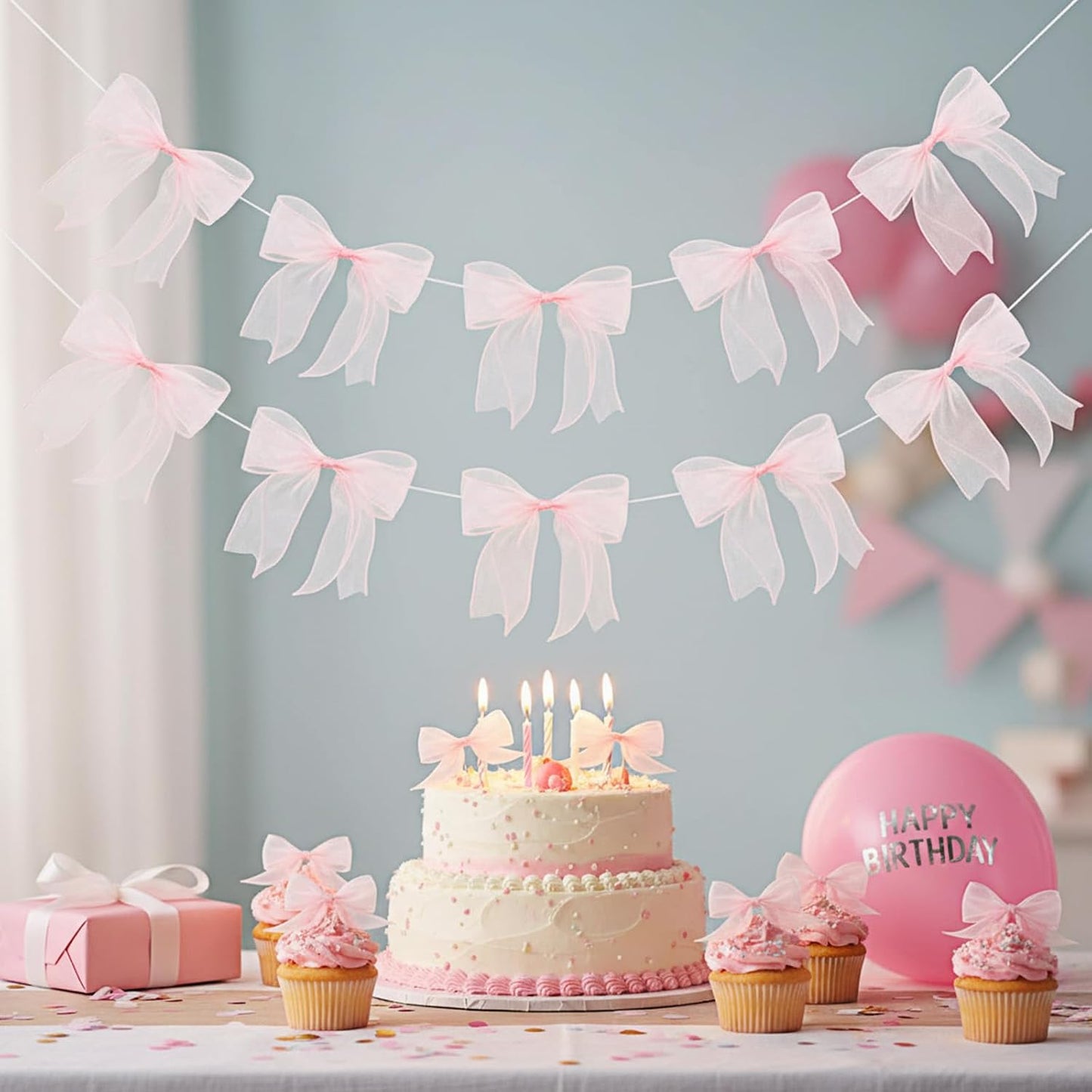 12Pcs Pink Bow Garland, Tulle Bow Garland Pink Bowknot Banner for Party Decoration, Wedding, Birthday, Engagement, Anniversary, Bridal Shower, Bachelorette Party, Baby Shower Decor