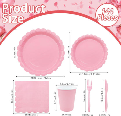 144PCS Light Pink Plates and Napkins, Pink Birthday Party Supplies Scalloped Paper Plates Napkins Cups Tableware Set Light Pink Disposable Dinnerware for Wedding Bridal Baby Shower Decoration Serve 24