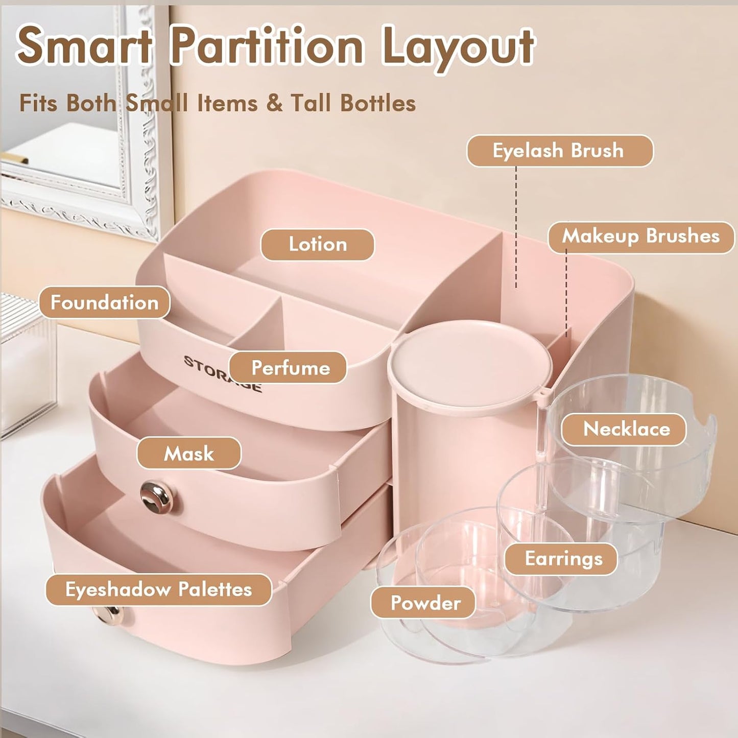 XIAPIA Makeup Organizer Countertop, Make Up Organizer for Vanity, Skincare & Cosmetic Organizers with Drawers, Bathroom Organizers Storage for Brush Holder|Lipstick|Jewelry, Ideal Gift for Women PINK