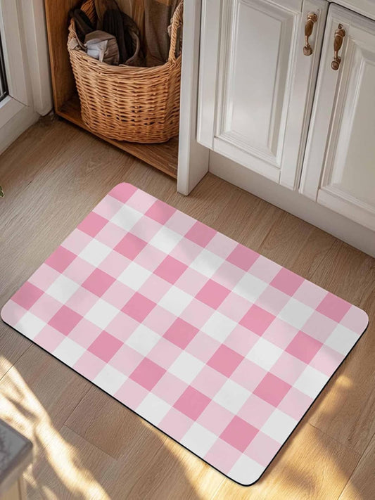 Alandar Home Bathroom Rug Diatomite Stone Bath Mat, Pink Gradient Buffalo Check Absorbent Bath Rug Non Slip Shower Mat, Modern Geometric Grid Quick Dry Bathroom Mat Kitchen Doormat 24x36in