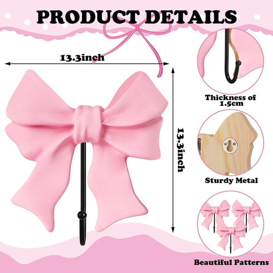 Kathfly 3 Pcs Pink Bow Coat Hooks Large Wooden Bow Coat Hook 5 Inch Coquette Decorative Metal Holder Pink Wall-Mounted Hanger for Bathroom Living Room Hanging Towels Coats Bags Keys