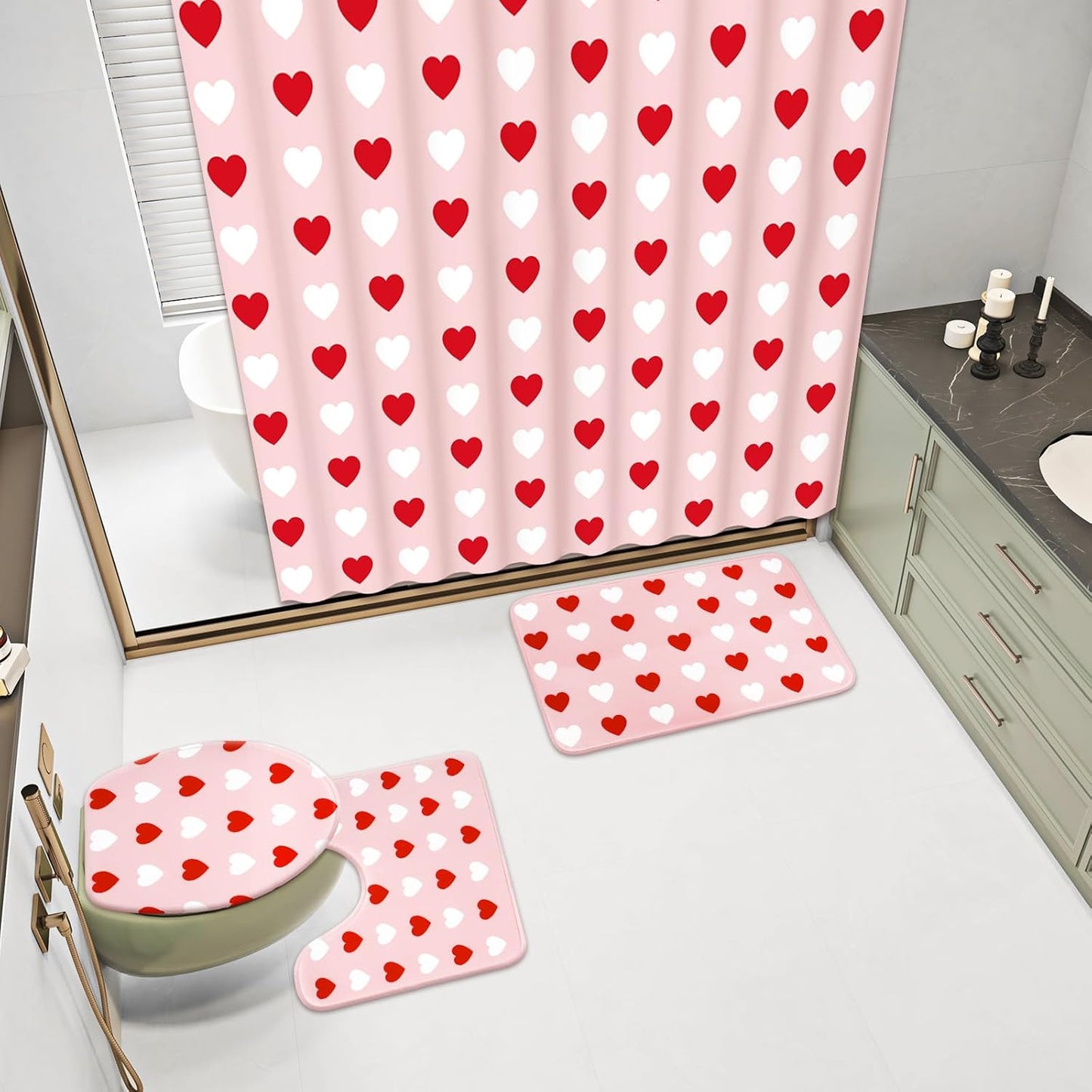 JarThenaAMCS 4Pcs Valentine's Day Bathroom Set Pink Red White Heart Non-Slip Bath Mat U-Shaped Toilet Rug Toilet Lid Cover Shower Curtain with Hooks for Home Hotel Accessories Decoration