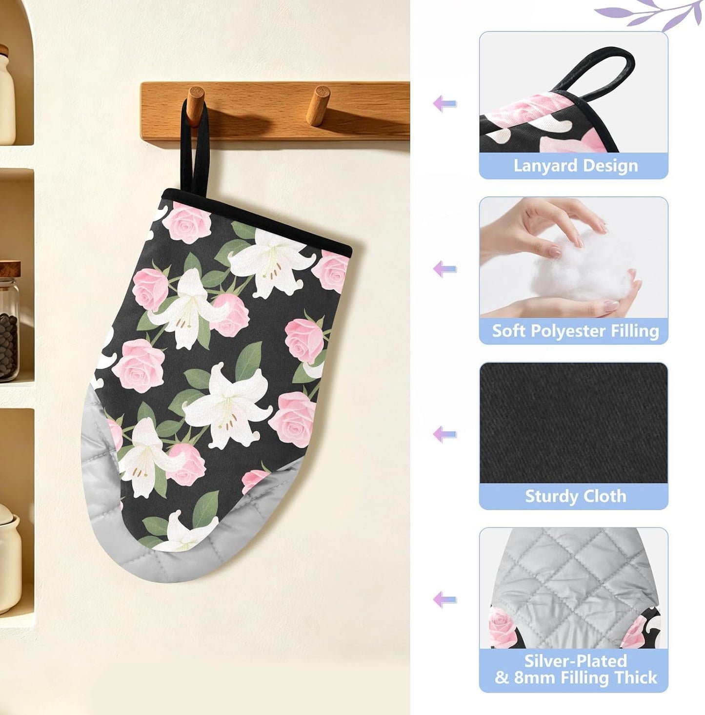 Oven Mitt 2 Pack Set Pink Roses and Lilies Flowers Kitchen Mitts Gloves for for Cooking Baking Grilling