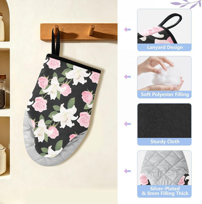 Oven Mitt 2 Pack Set Pink Roses and Lilies Flowers Kitchen Mitts Gloves for for Cooking Baking Grilling