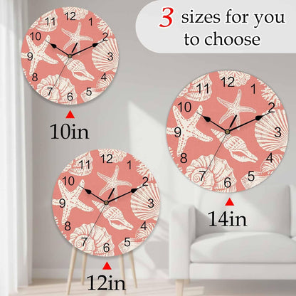 Ocean Coastal Wall Clocks Battery Operated Shells Starfish Conch Coral Red Linen Large Wall Clock for Bedroom Kitchen Living Room Bathroom Decorative 10"x10"
