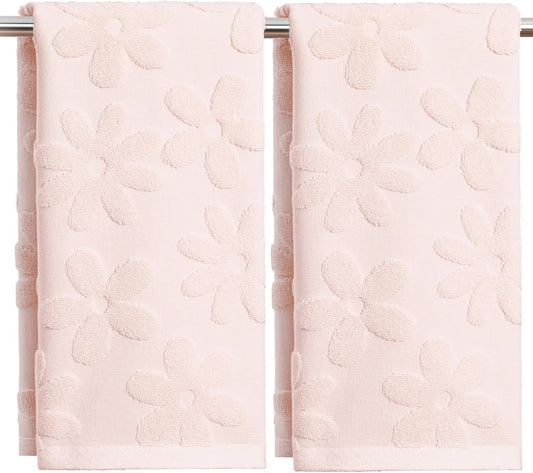 Artoid Mode 2 Pcs Pink 3D Floral Jacquard Spring Hand Towels for Bathroom, 100% Cotton Soft Absorbent Bathroom Decor Towels, 13.7 x 29.5 Inch