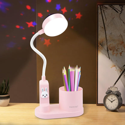 LED Kids Desk Lamp, Small Cute Table Light with Pen Holder, Pink Bedside Gooseneck Lamp, Star Projector, Eye Caring, Rechargeable Reading Study Lamp for Home Office College Dorm Accessories