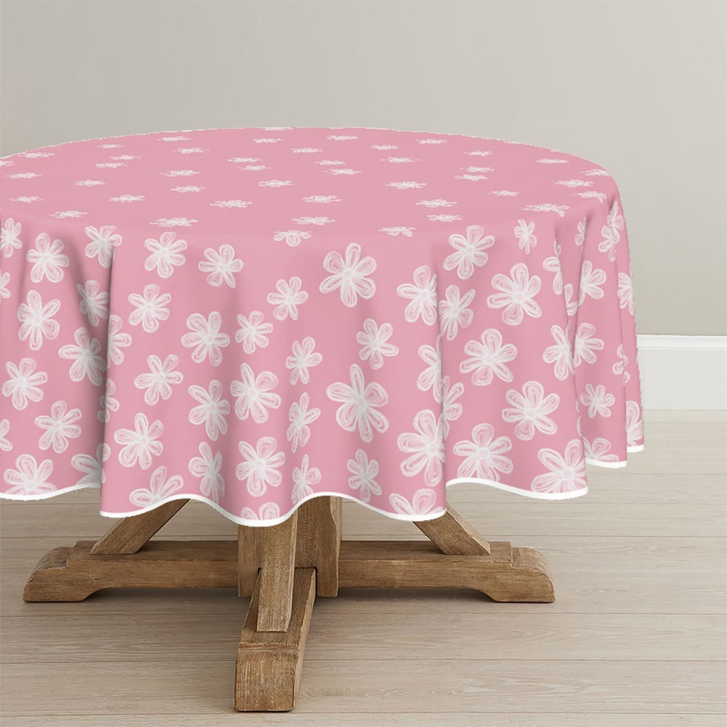 Horaldaily Spring Tablecloth 70×70 Inch Round, Sketchy Style Flowers Pink Washable Seasonal Table Cover for Party Picnic Dinner Decor