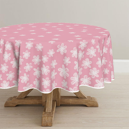 Horaldaily Spring Tablecloth 70×70 Inch Round, Sketchy Style Flowers Pink Washable Seasonal Table Cover for Party Picnic Dinner Decor