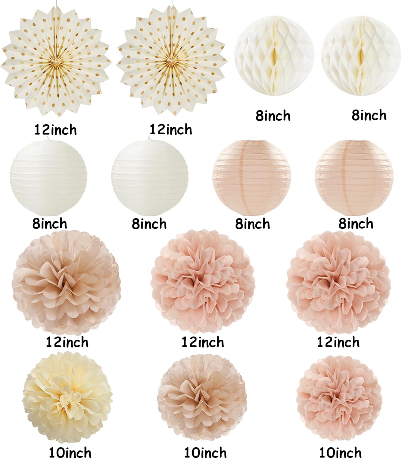 Champagne-Gold Beige-Peach Boho Party-Decorations Streamers - 14pcs Fall Neutral Baby Shower Rustic Bohemian Wedding Paper Honeycomb Lanterns Fan,Birthday Bachelorette Bridal Decor Lasting Surprise