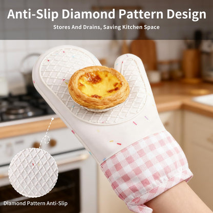 Silicone Oven Mitts, 2PCS Heat Resistant 500°F Oven Gloves with Cotton Lining, Non-Slip Kitchen Mitts for Cooking, Baking, Microwave, Air Fryer, BBQ - Waterproof Pot Holders(Pink)