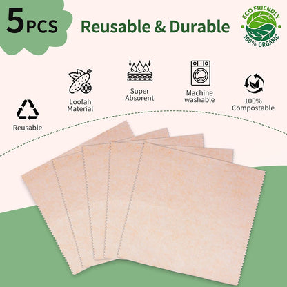 5 Pack Swedish Dishcloths for Kitchen, 100% Compostable Loofah & Plant Fiber Swedish Dish Cloths, Reusable Paper Towels, Super Absorbent, Non-Stick Oil, Fast Dry(7.87x7.87in)