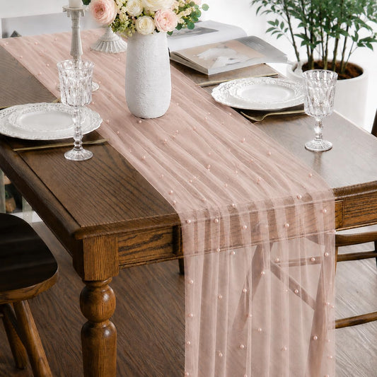 Pink Pearl Table Runner Gauze120 Inch 10FT, Seasonal Sheer Dining Holiday Wedding Birthday Baby Shower Tulle Summer Table Decor for Home Party