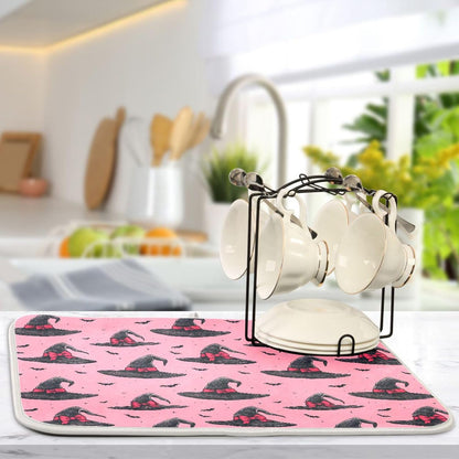 Witch Bow Hot Pink Dish Drying Mat for Kitchen Countertop 16x18 Halloween Bowknot Bat Small Drying Mat Reusable Quick Dry Dish Sink Mats Easy Clean Decorative Essentials