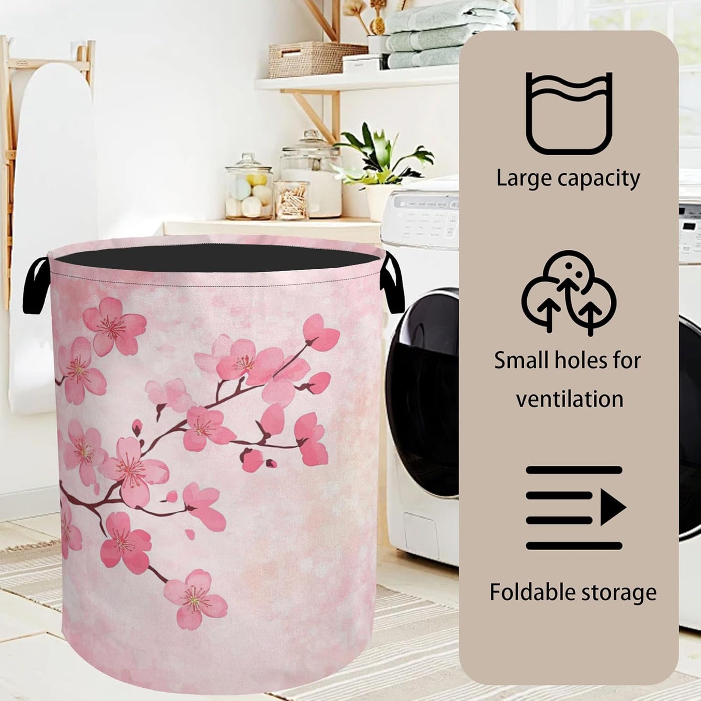 Pink Cherry Blossoms Laundry Basket - Extra Large Foldable Laundry Hamper for Bathroom/Laundry/Bedroom/Dorm, Washable Fabric Storage Bin with Handles