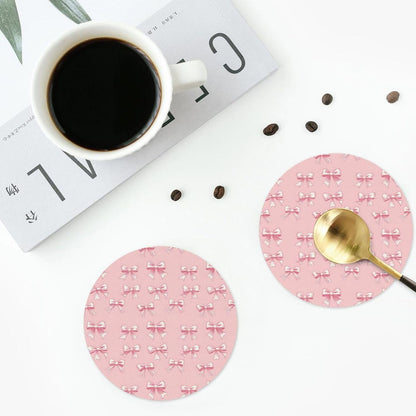 Leather Coasters Set of 4 - Ribbon Bow Pink Print Lightweight Drink Coasters for Desk, Non-Slip Anti-Scalding Desk Coaster Cup for Table Office Decor