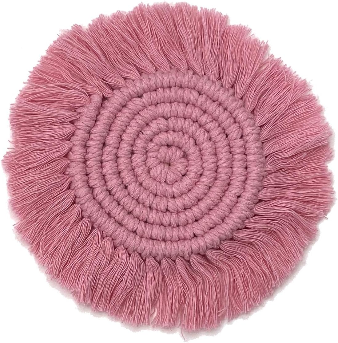 Set of 2 Macrame Handmade Cotton Coasters- Elegant and Absorbent 7-inch Round Woven Boho Coaster Set with Fringe Tassels for Drinks and Mugs, Spiral Weave (Pink, 2)