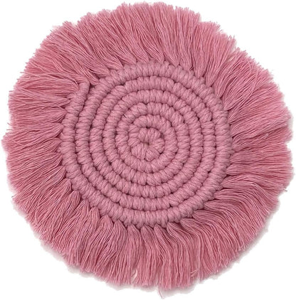 Set of 2 Macrame Handmade Cotton Coasters- Elegant and Absorbent 7-inch Round Woven Boho Coaster Set with Fringe Tassels for Drinks and Mugs, Spiral Weave (Pink, 2)