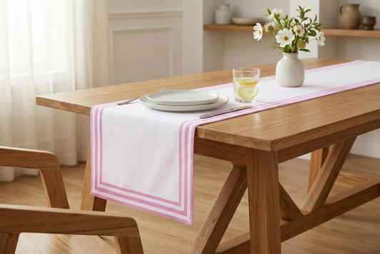 PurpleEssences Table Runner White - 90 inches Long Hemstitch Runner 14 x 90 Inch - 100% Cotton Durable Washable Fabric - Ideal for Spring Easter Summer - Stripe Edges - Blush Pink