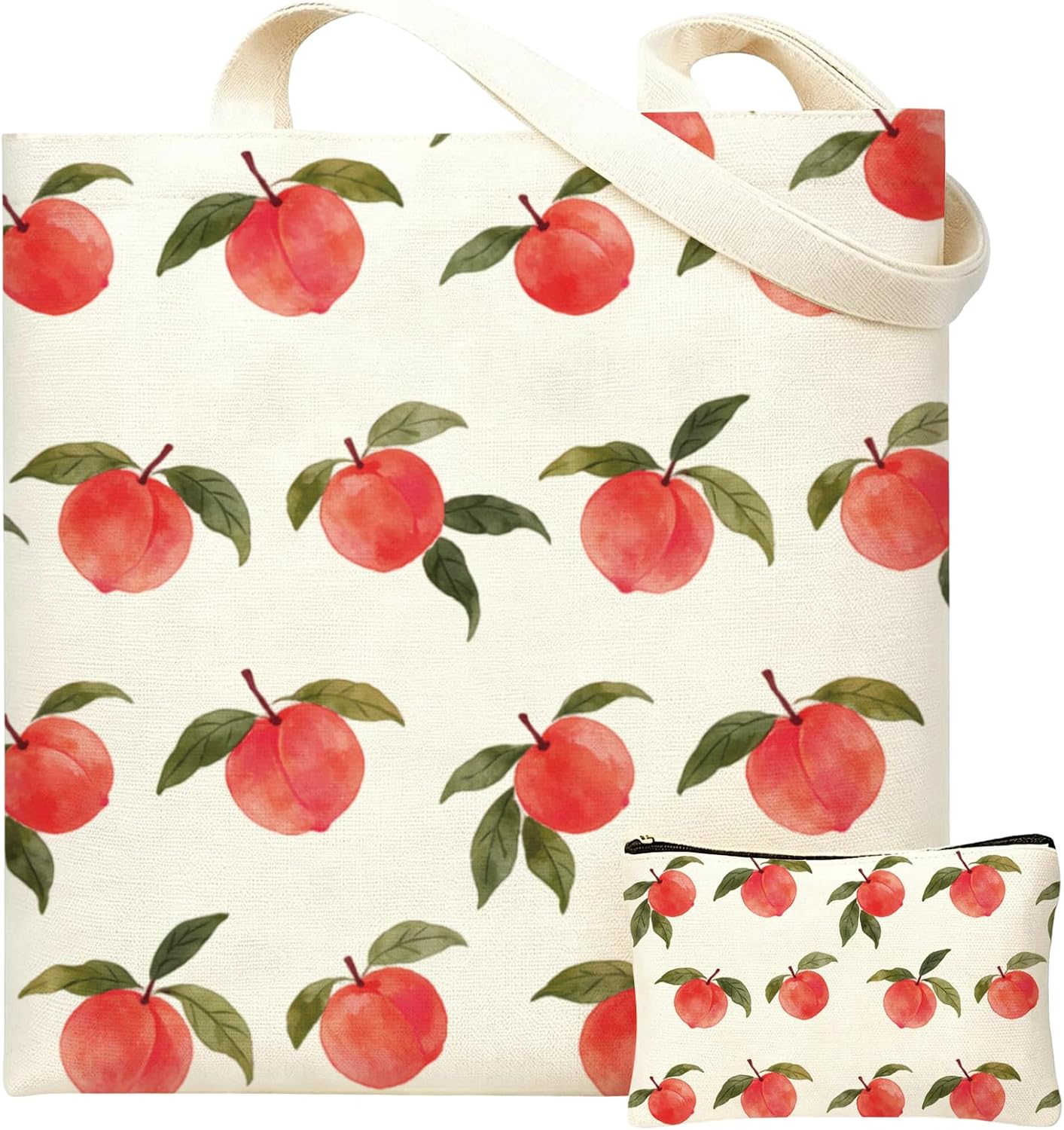 DHQH Peach Canvas Tote Bag with Pouch, Cute Aesthetic Tote Bags for Women, Large Capacity Canvas Shoulder Bag for Shopping Travel Gift