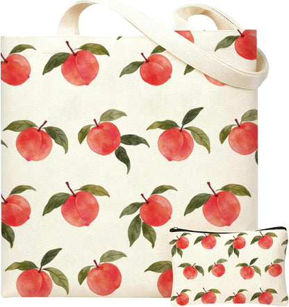 DHQH Peach Canvas Tote Bag with Pouch, Cute Aesthetic Tote Bags for Women, Large Capacity Canvas Shoulder Bag for Shopping Travel Gift