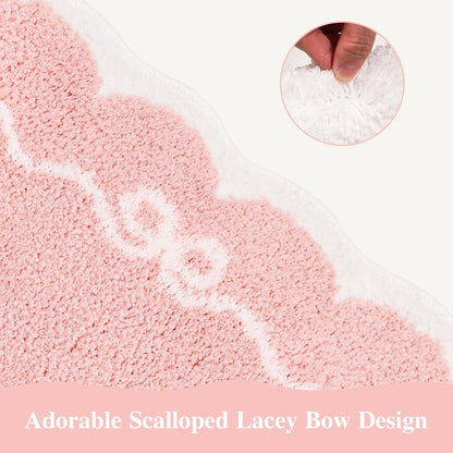 Pink Bathroom Rugs – Scalloped Bath Mat with Bow, Non-Slip & Washable Pink Bath Rug, Cute Bath Mat for Aesthetic Decor, Bow Bathroom Rug for Shower, Sink, and Tub (32x20 inch)