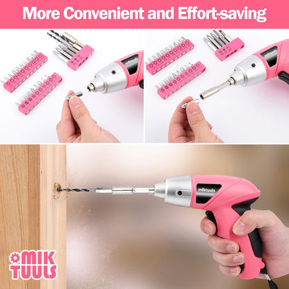 Electric Screwdriver Tool Set 112PCS, Home Tool Kit with 3.6V Small Power Cordless Screwdriver for Women, Pink