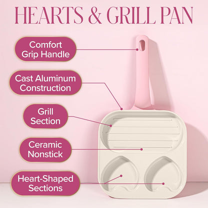 Paris Hilton Ceramic Nonstick Divided Skillet with Heart-Shaped Sections and Grill Plate, Cast Aluminum, Dishwasher Safe, 8-Inch, Pink