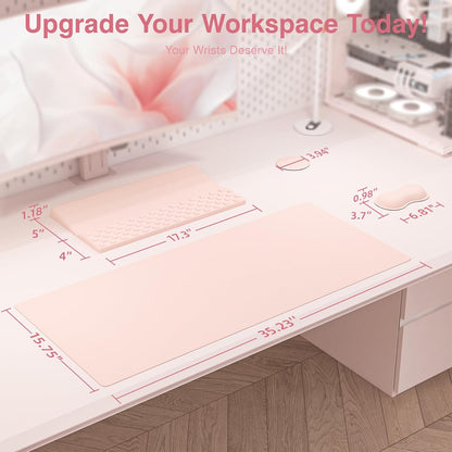 Ospelelf Keyboard Stand Wrist Rest Pad and Ergonomic Mouse Pad Set with Large Mousepad Desk Mat, Memory Foam Comfort, Premium Office Desk Accessories for Pain Relief and Efficiency, Pink