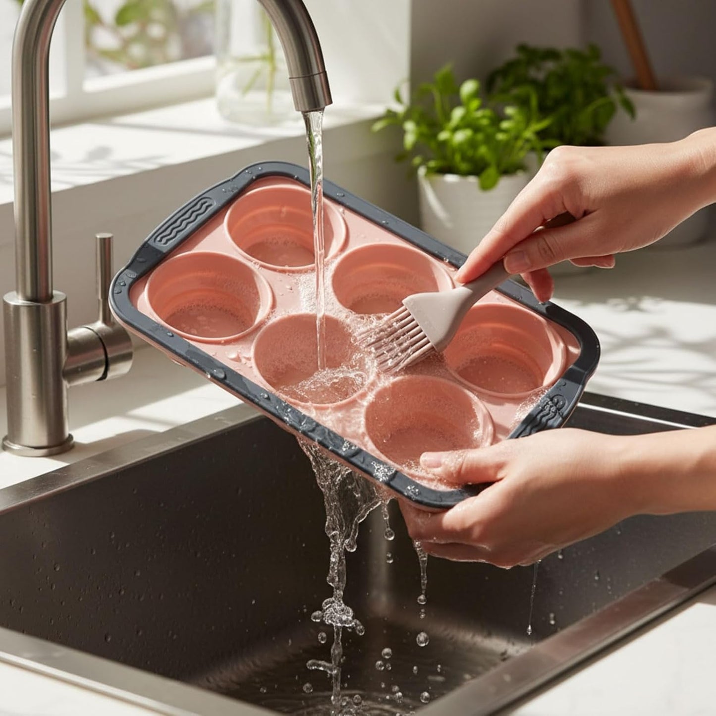 2 Pack Silicone Muffin Pan for Baking with Metal Frame, Collapsible 6 Cup Cupcake Baking Tray, Nonstick Silicone Muffin Tins for Oven, Dishwasher Safe Foldable Cupcake Molds (Pink)