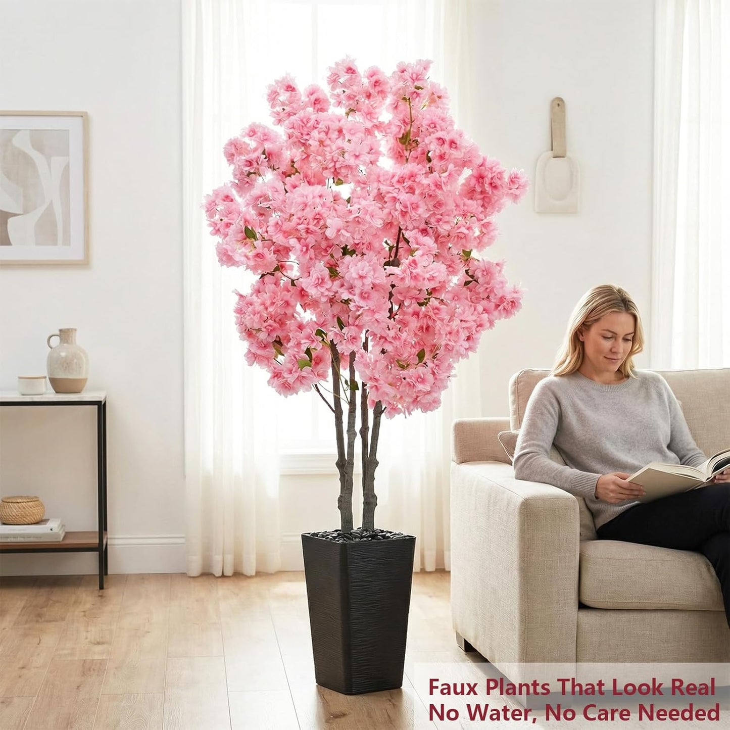 Artificial Cherry Blossom Tree, 5FT Fake Plants Indoor with Black Planter, Faux Pink Sakura Flowers Blooming Tree in Pot, Artificial Trees Silk Plant for House Room Office Entryway Porch Decor