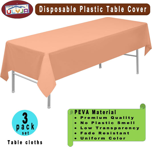 PARTY ULYJA Peach Tablecloths Plastic 3-Pack Premium 54 Inches x 108 Inches Disposable Table Covers Decorative Table Cloths for Rectangle Tables