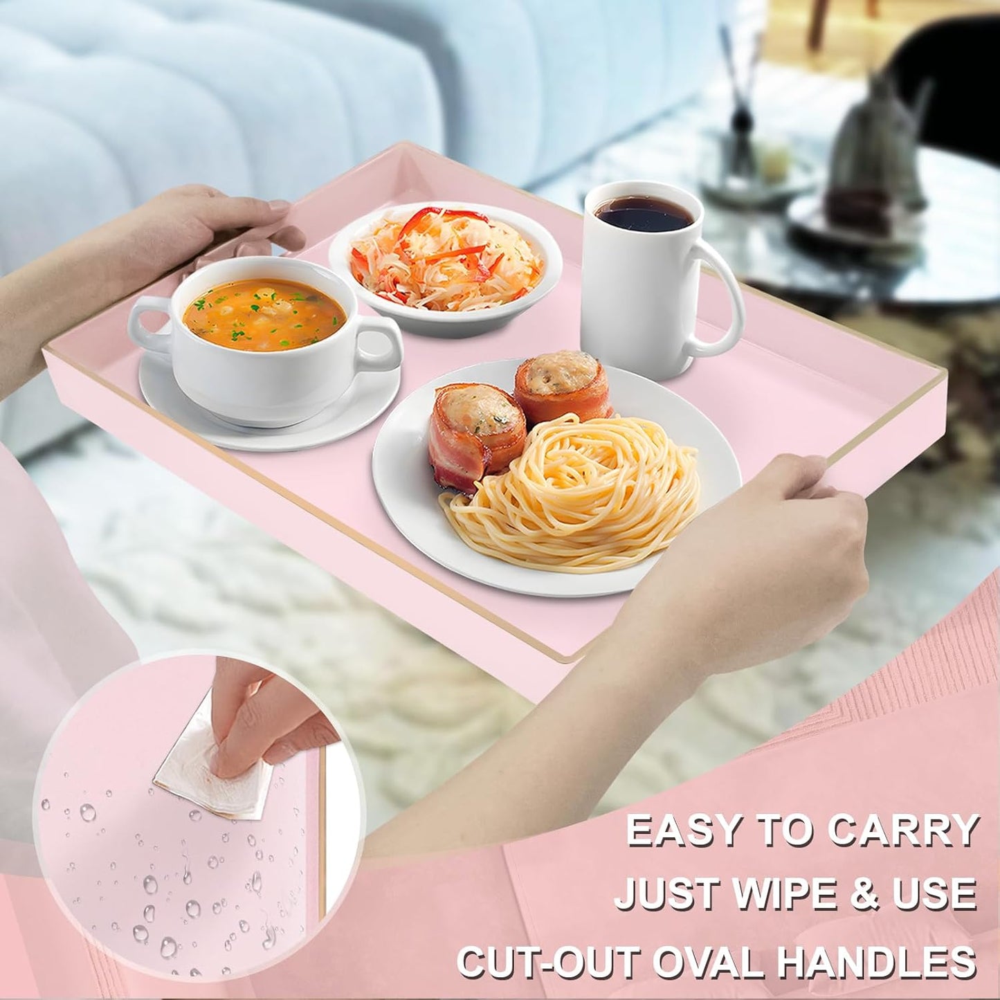 MAONAME Pink Serving Tray with Handles, Modern Decorative Tray for Coffee Table, Plastic Rectangular Trays for Ottoman, Bathroom, Decor, 15.8” x 10.2” x 1.4"