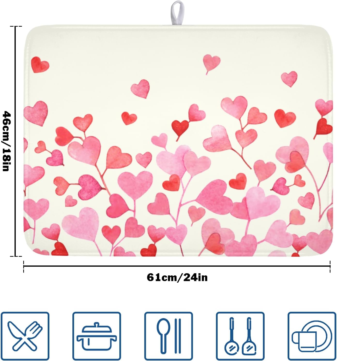 Valentine's Day Dish Drying Mat for Kitchen Counter Pink Love Heart Pattern Drying Mat 18x24 Inch Valentines Holiday Absorbent Dish Drainer Mat Kitchen Accessories