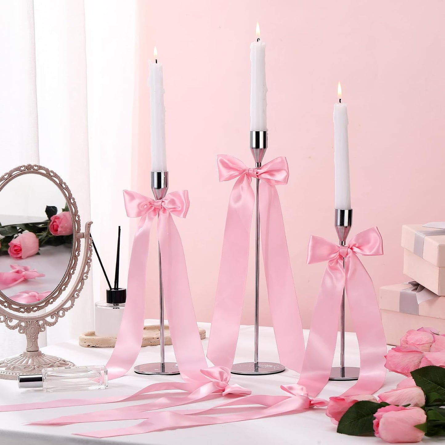 Teenyyou 12 Pcs Pink Candlestick Bows Decor 13 Inch Large Coquette Decorations Bows for Table Self Adhesive Candle Holder Gift Wrapping Wedding Bridal Shower Bachelorette Party Centerpieces