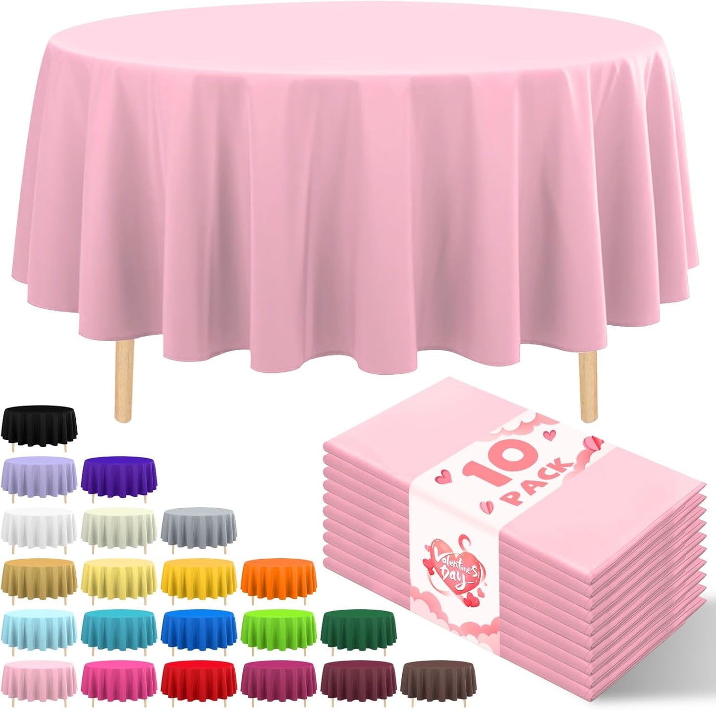 10 Pack Premium Disposable Plastic Tablecloth 84" Round Table Cover for Birthdays Weddings Christmas Anniversary Buffet Table (Pink)