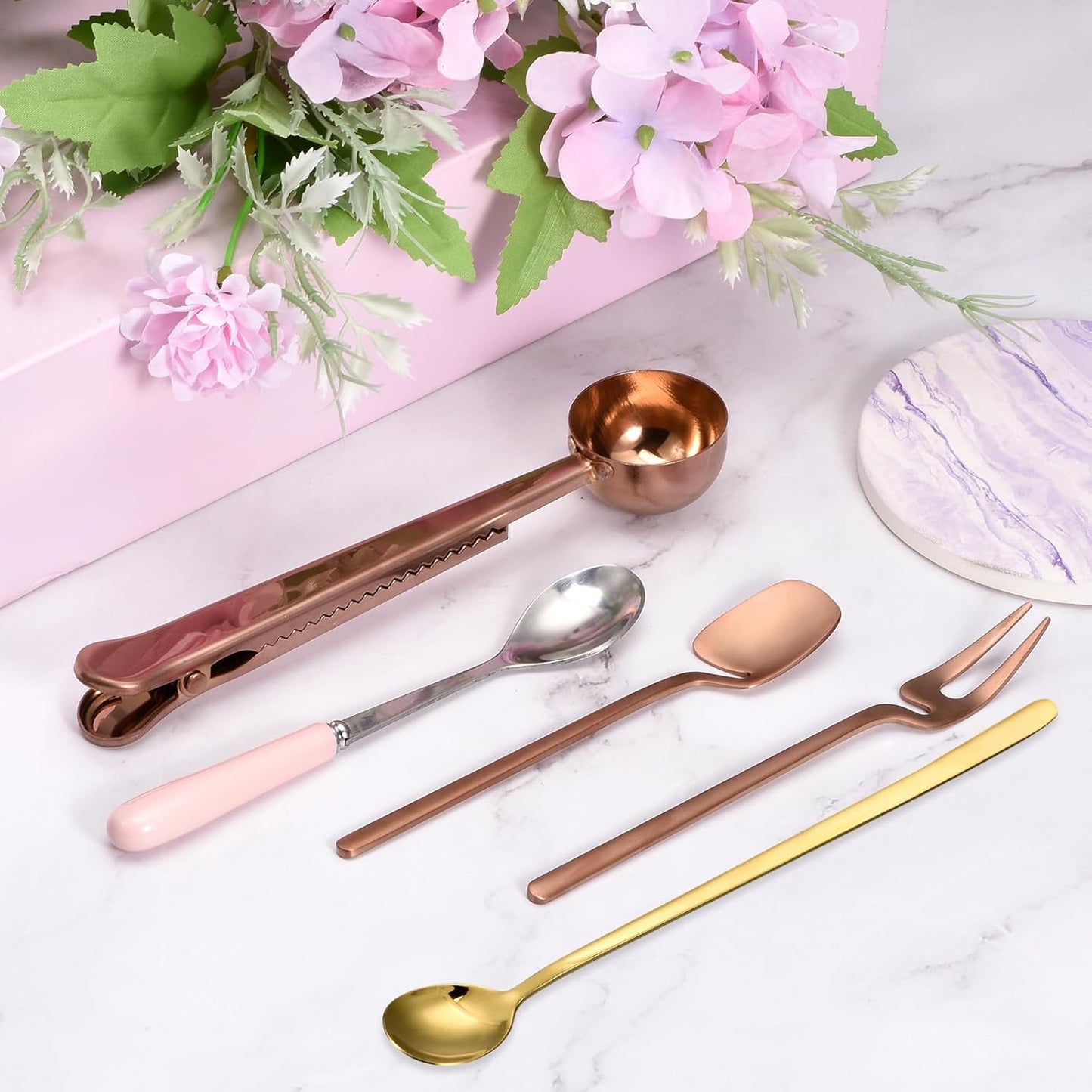 uxcell Stainless Steel Coffee Spoon with Ceramic Handle 5.7 Inch Small Dessert Spoons Tea Spoon for Cake Sugar Coffee, Pink