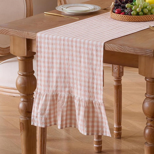 13" x 72" Plaid Gingham Ruffle Table Runner, Pinkish Brown Cotton Checkered Table Runner for Farmhouse, Party, Kitchen Decor