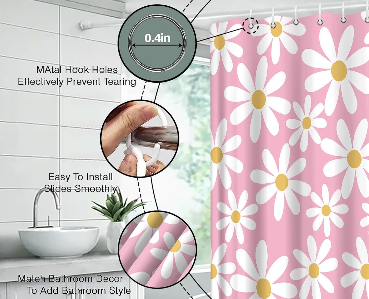 Pink Shower Curtain Cute Daisy Floral Flower Modern Aesthetic Girly Polyester Bathroom Decor with Hook,70" Wx70 H