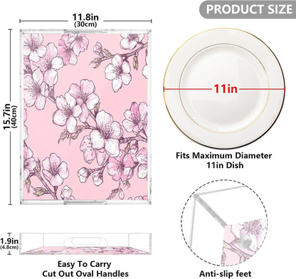 Peach Flowers Acrylic Serving Tray with Handles,Clear Serving Tray Decorative Organiser for Ottoman, Kitchen, Bedroom Decorative 12x16 Inches