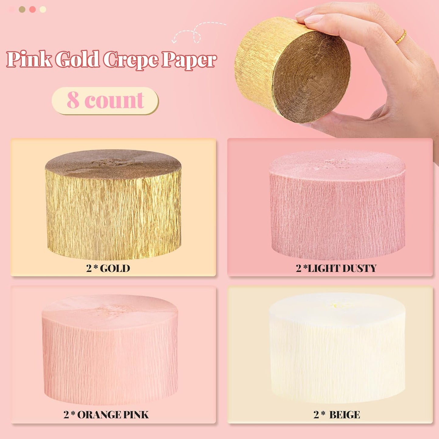 Riqiaqia Streamers Party Decorations,8 Rolls Pink Gold Crepe Paper Streamers for Wedding, Birthday, Bachelorette, Bridal Showerand Baby Shower Girl