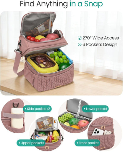 Lunch Bag Women, Double Deck Insulated Lunch Box - Large Capacity 12L with Detachable Divider for Tall Items, Leakproof, Durable & Reusable Cooler Bag For Work Picnic Travel, Quilted Pink