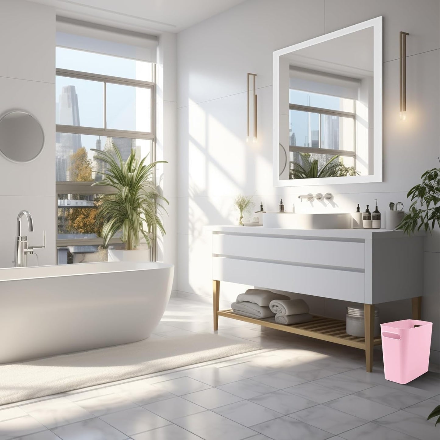 Small Pink Trash Can Wastebasket, Plastic Garbage Can Waste Basket for Narrow Spaces Bathrooms Laundry Room Kitchens Offices Kids Rooms, 1.8 Gallon (Pink)