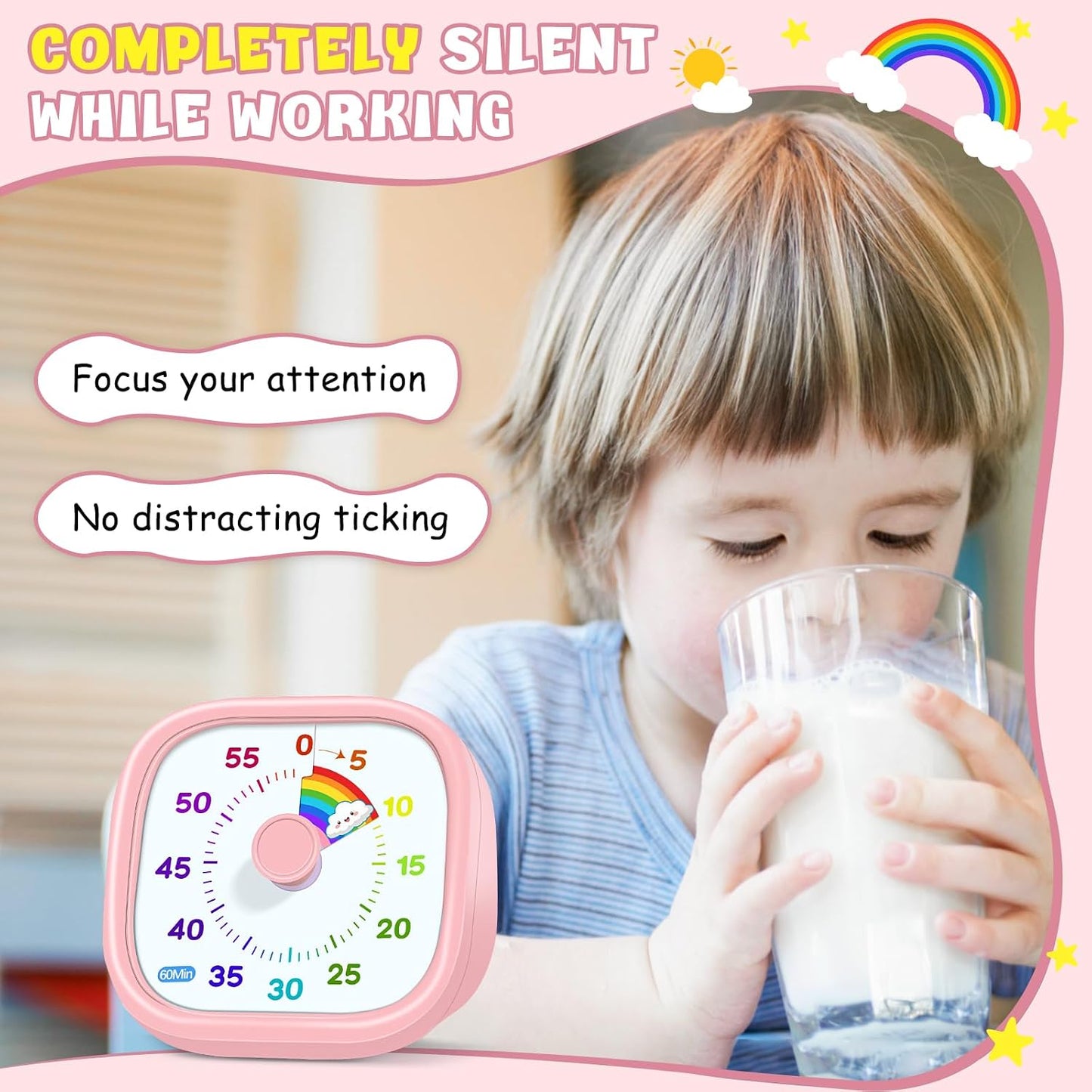 HIPPIH Visual Timer for Kids - 60 Minute Pomodoro Timers for Classroom Kitchen Office, Countdown Kids Timer Clock with Rainbow Disk, Desk Time Management Tool for Toddler with Silent Operation, Pink
