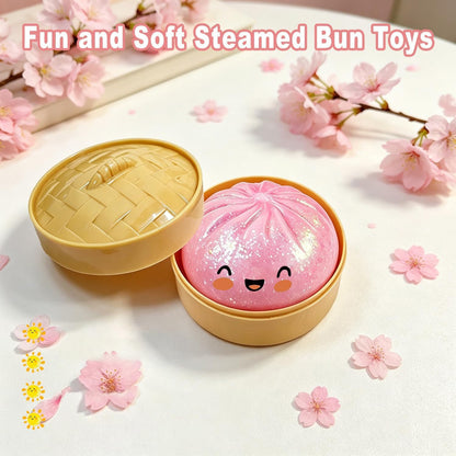 Dumpling Squishes Stress Balls with Steamer, Cute Anxiety Relief Toy, Soft Squeeze Decompression Dough for Adults, Simulation Food Squishies Bun (Pink)