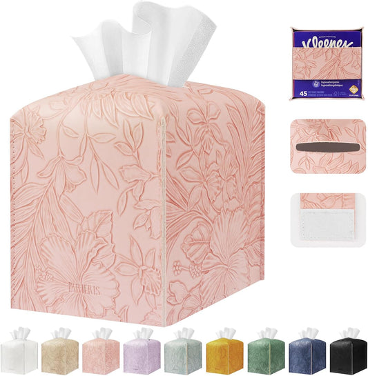 Tissue Box Holder Cover Square Tissue Cube Cover PU Leather Tissue Organizer with Bottom Belt for Bathroom, Tabletop, Kitchen, Night Stands, Office, Home, Car (1, RosyPink)