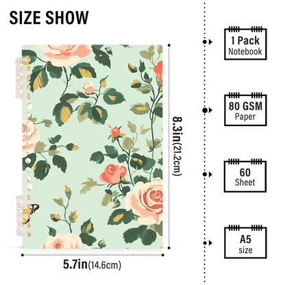EtherSpher A5 size Spring Pastel Green Peach Flowers orange spiral notebook 8.3" x 5.7", wire-bound school supplies for college 60 sheets for working&classroom 2 pack