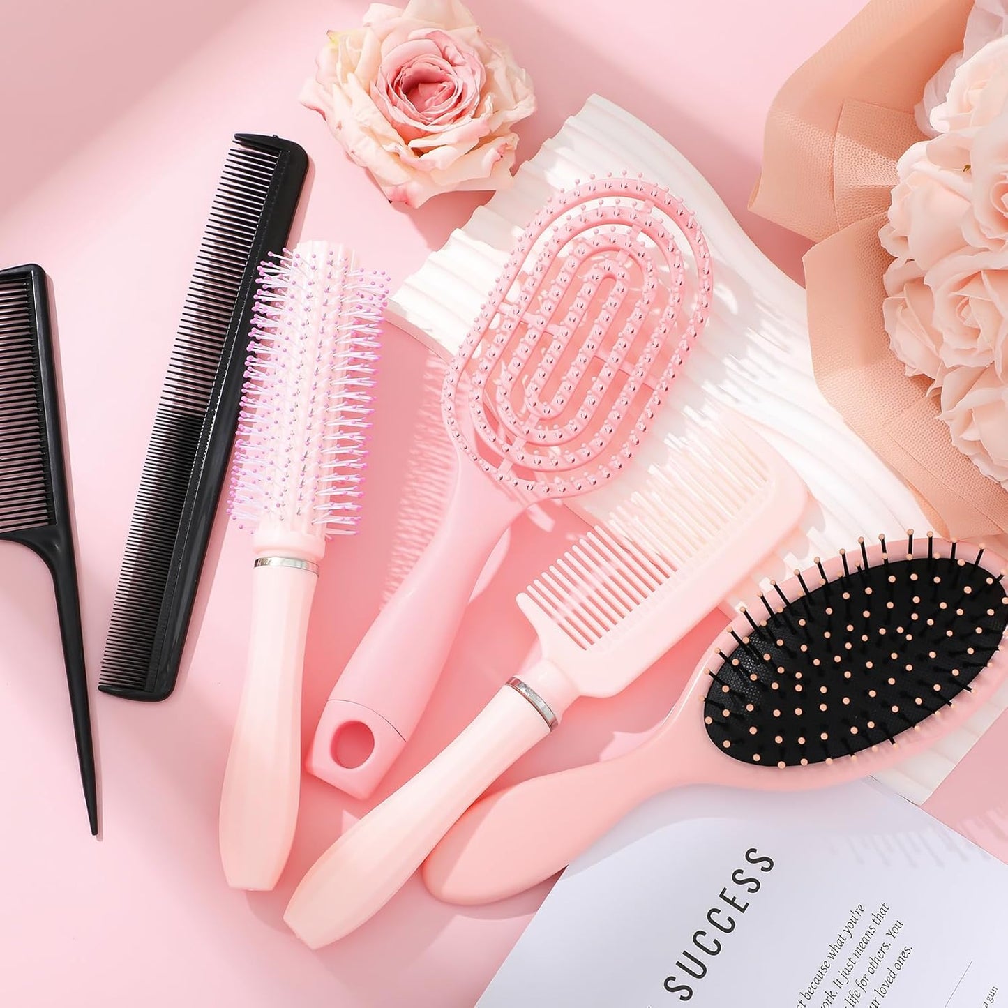 6 Pieces Detangling Styling Comb Set for Women and Men - Hair Brush for Straight, Curly, and All Hair Types(Pink)